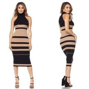 Hera Collection Like New Elegant Black and Tan Striped Turtle Neck BodyCon Dress